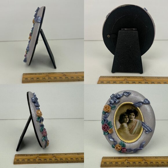 Vtg Tabletop Oval Mini Pic Frame Iridescent Purple w 3D Roses Flowers Ribbons - Picture 4 of 13